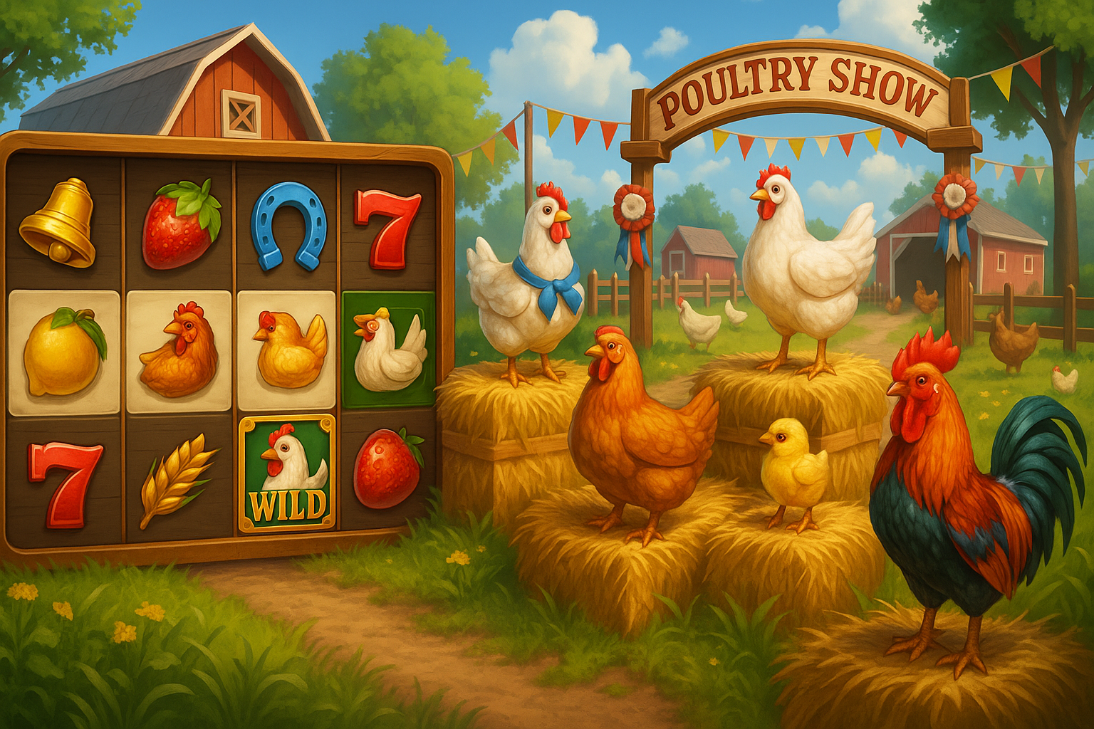 Chicken character on a path to a castle with treasures